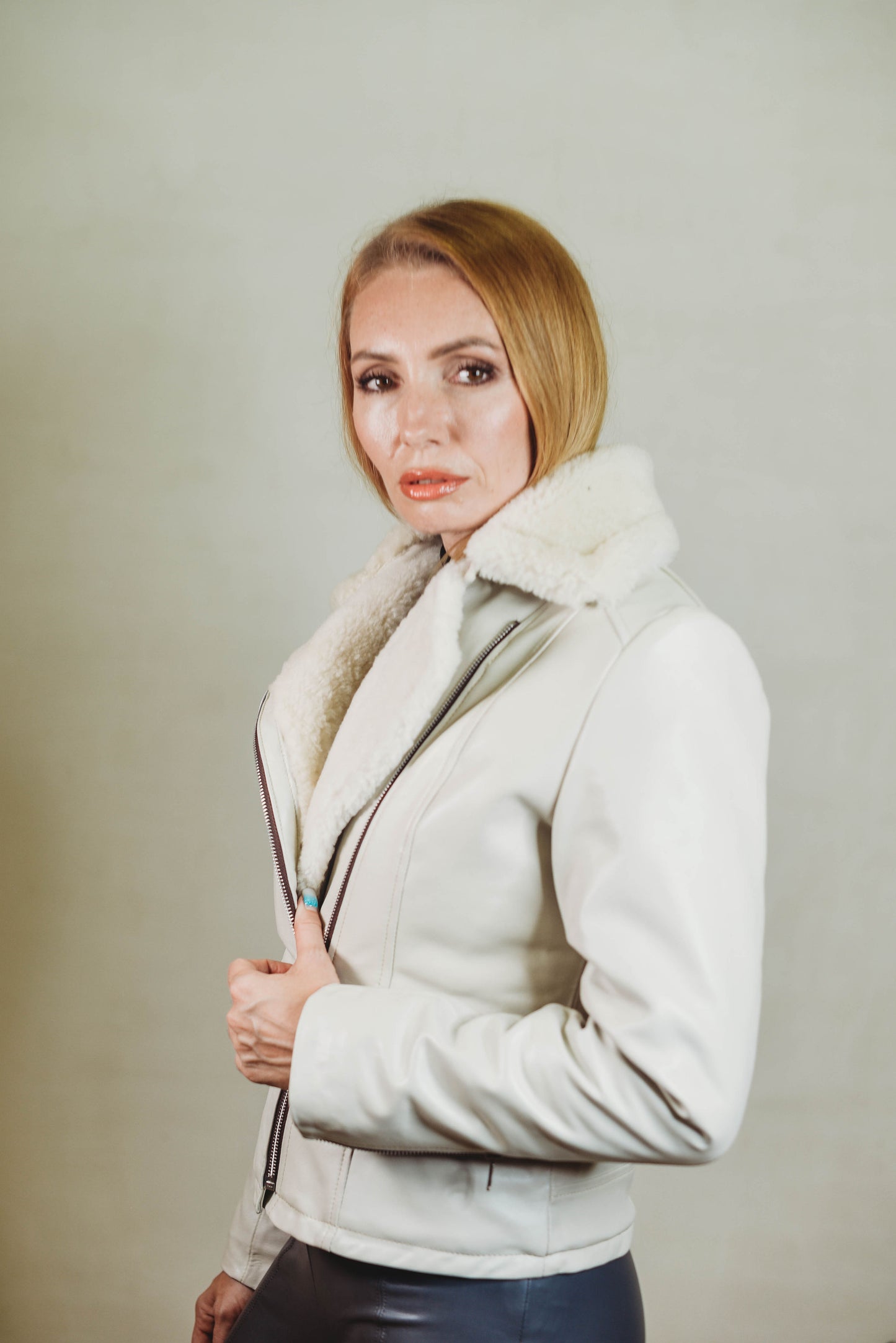 Kris Shearling Biker Jacket Pearl white