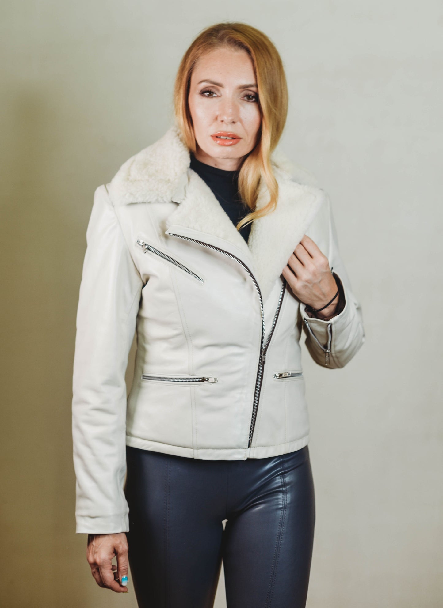 Kris Shearling Biker Jacket Pearl white