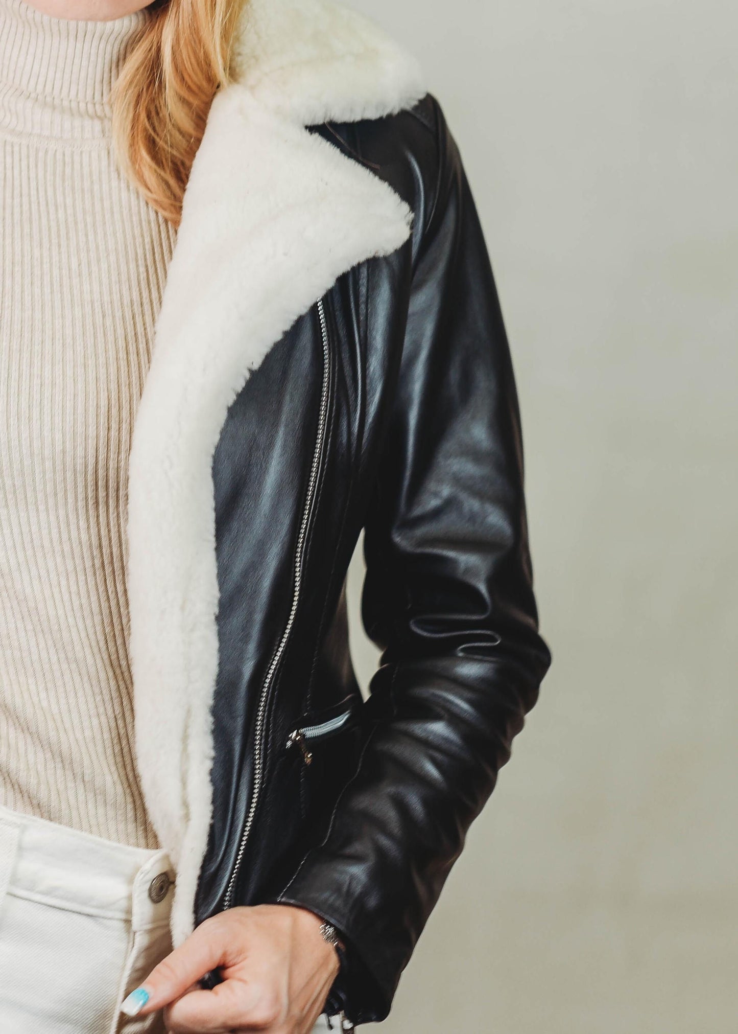 Kris Shearling Biker Jacket Black